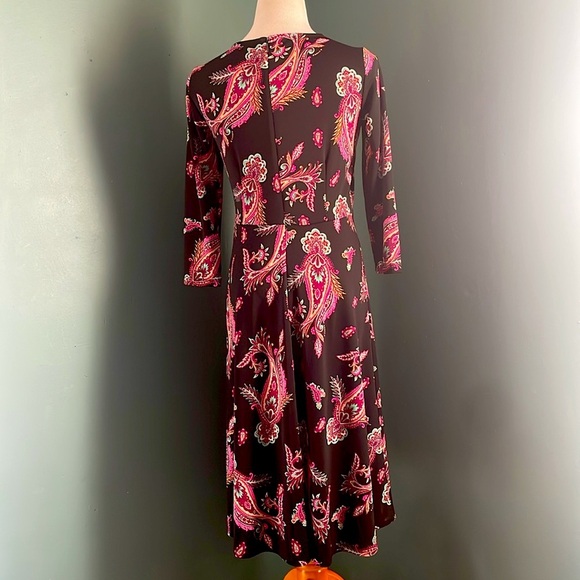 Talbots Black and Pink Sheath Midi Dress V-Neck 3/4 Sleeve - Picture 6 of 7